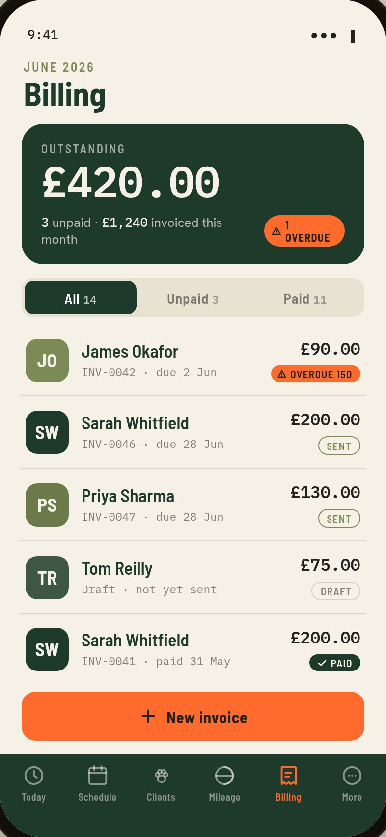 Billing screen showing outstanding invoices and payment status