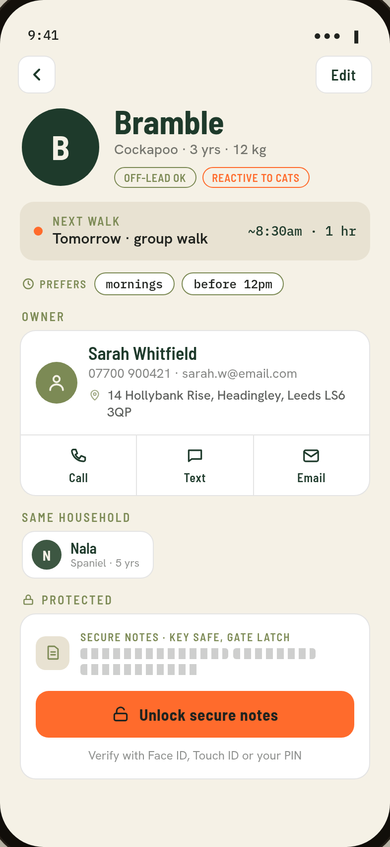 Dog profile screen showing Bramble the Cockapoo with owner details and secure notes