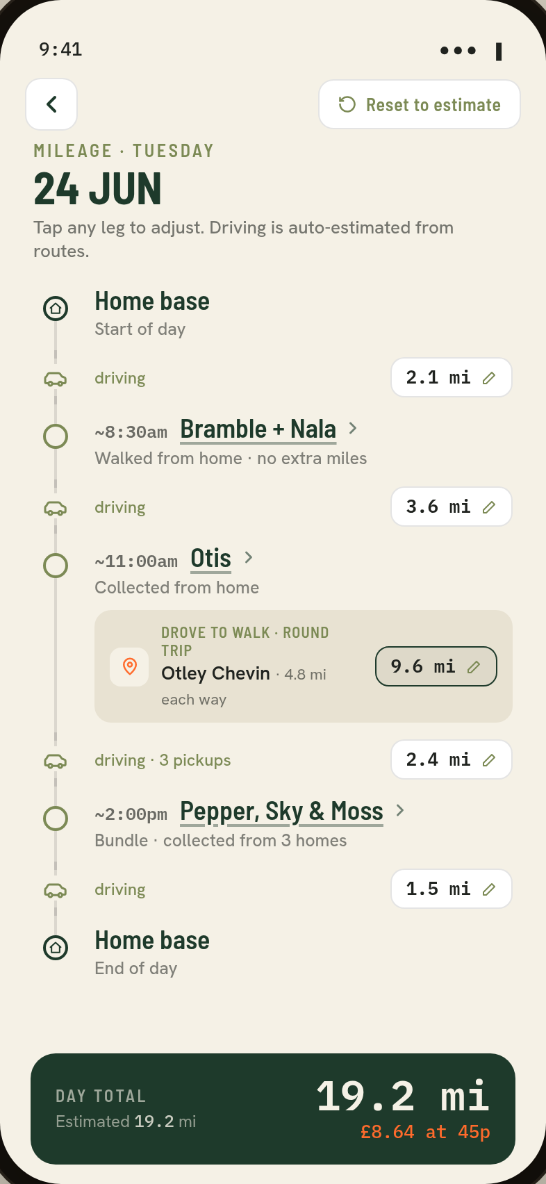 Mileage day detail screen showing route stops and daily total at 45p per mile