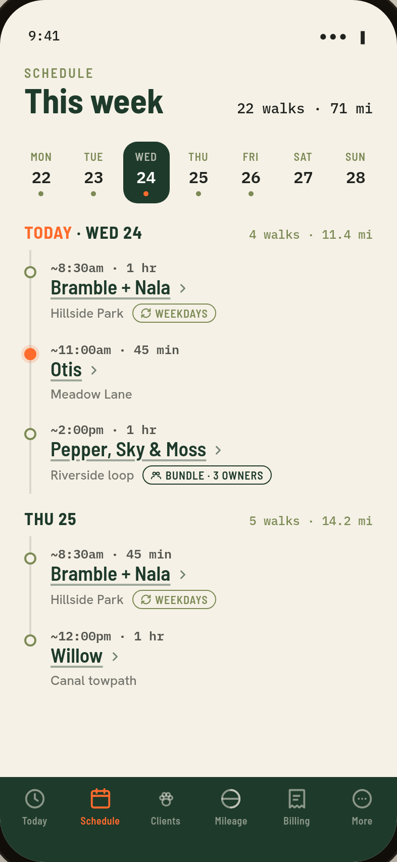 Schedule screen showing weekly agenda with walk times and travel distances