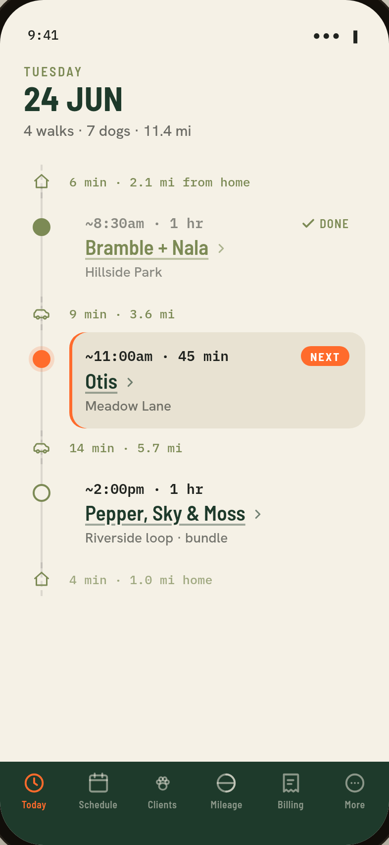 Walkaroo today screen showing the day's schedule and travel times